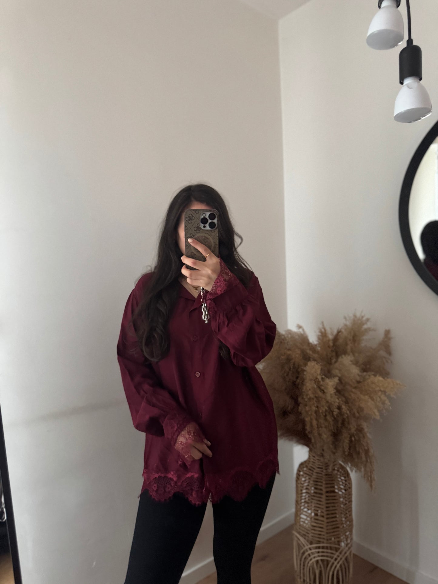 Bluse mit Spitzensaum & Ärmel Bordeaux