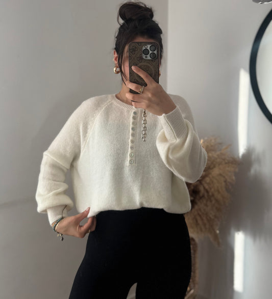 Alpaka Pullover mit Knopfleiste Ecru