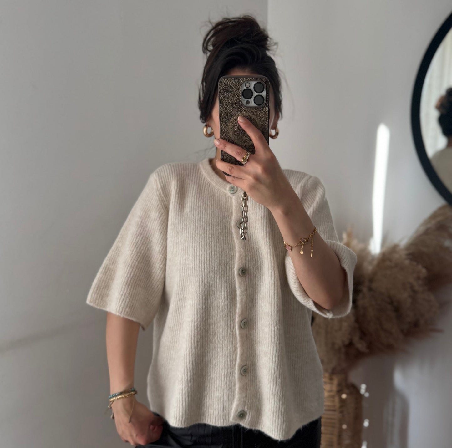 Midarm cozy rib Cardigan Ecru