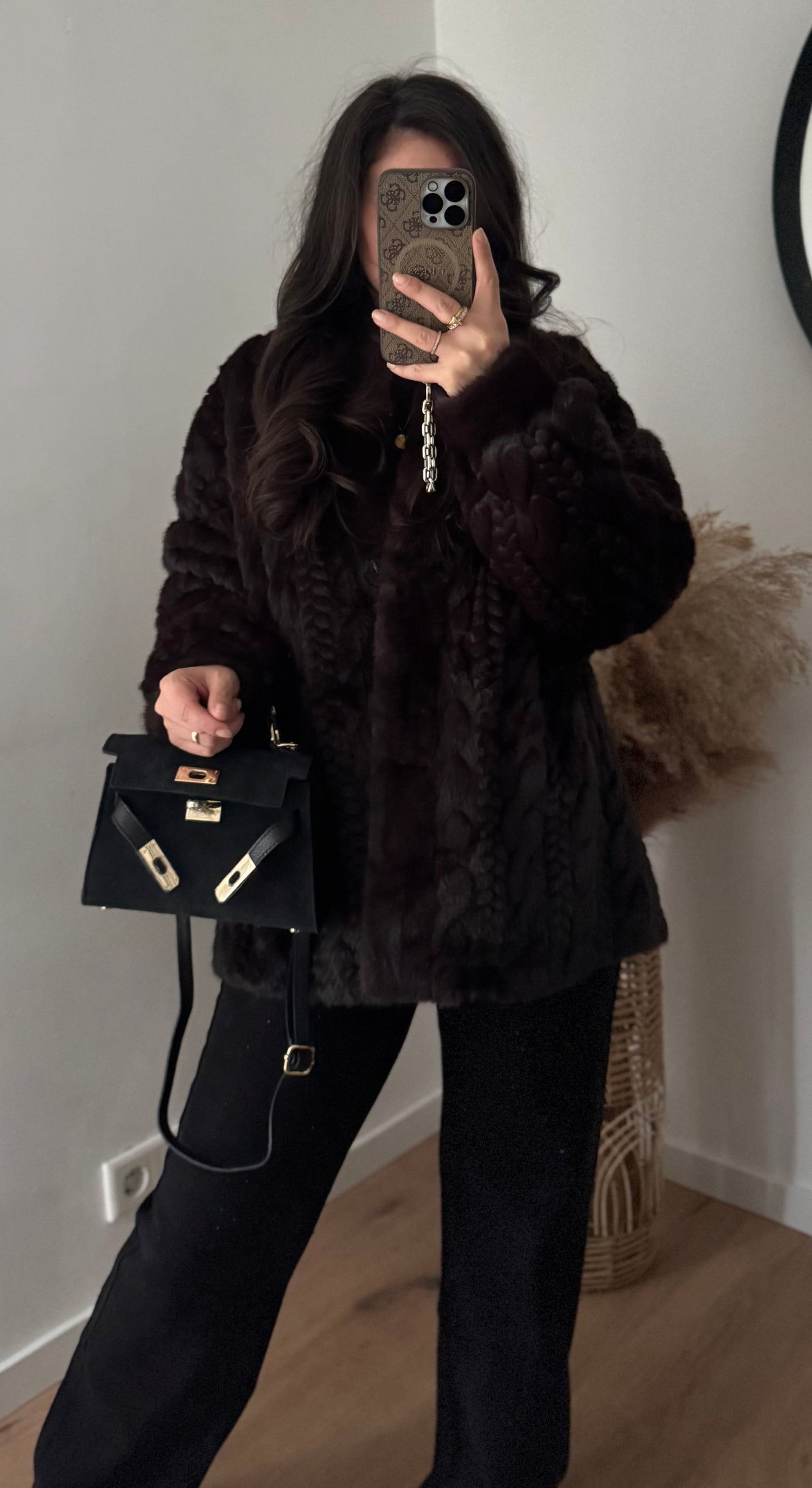 Luxe Fellmantel ohne Kragen dunkelbraun