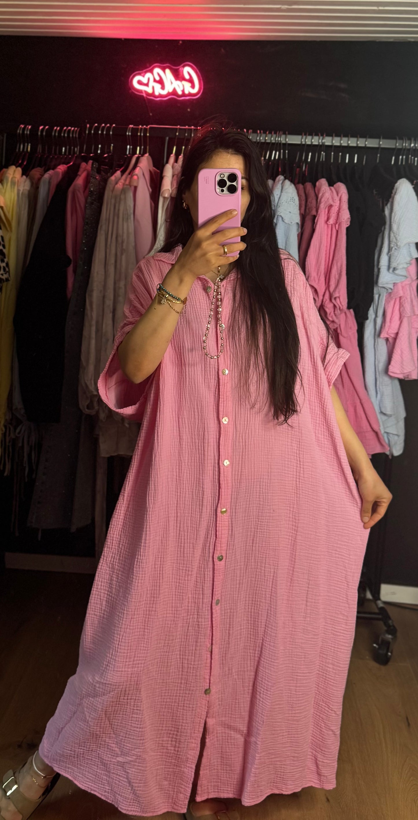 Musselin kurzarm Blusenkleid pink