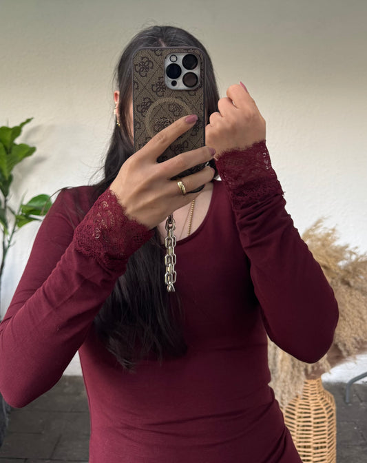 Viscose langarm mit spitzenärmel versch. Farben