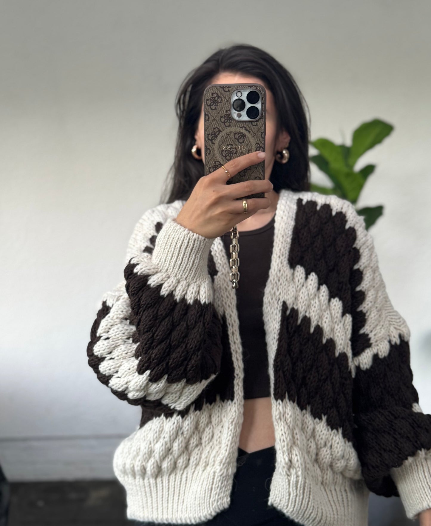 Offener gestreifter Cardigan braun