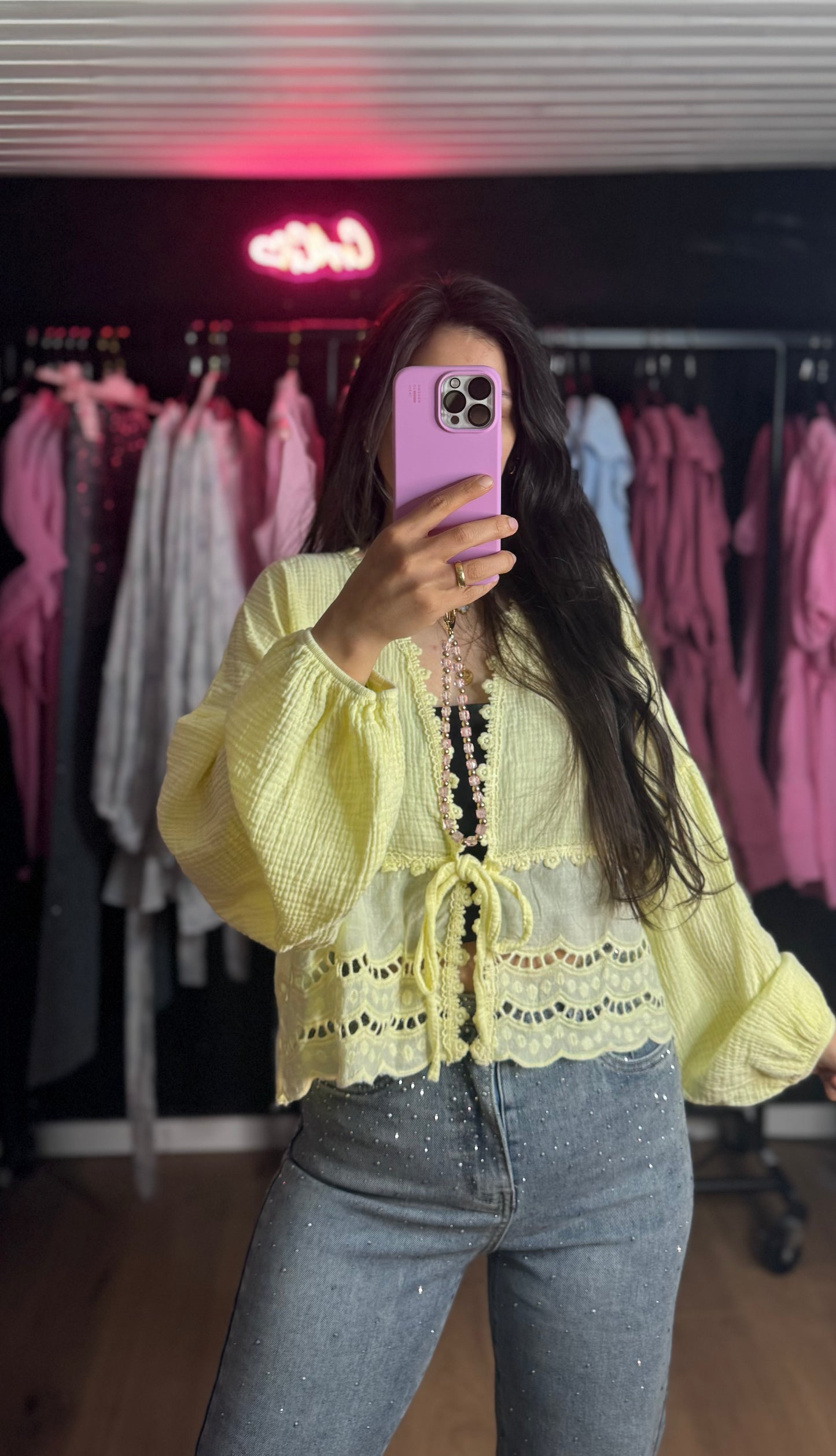 Häkel Musselin Bluse gelb