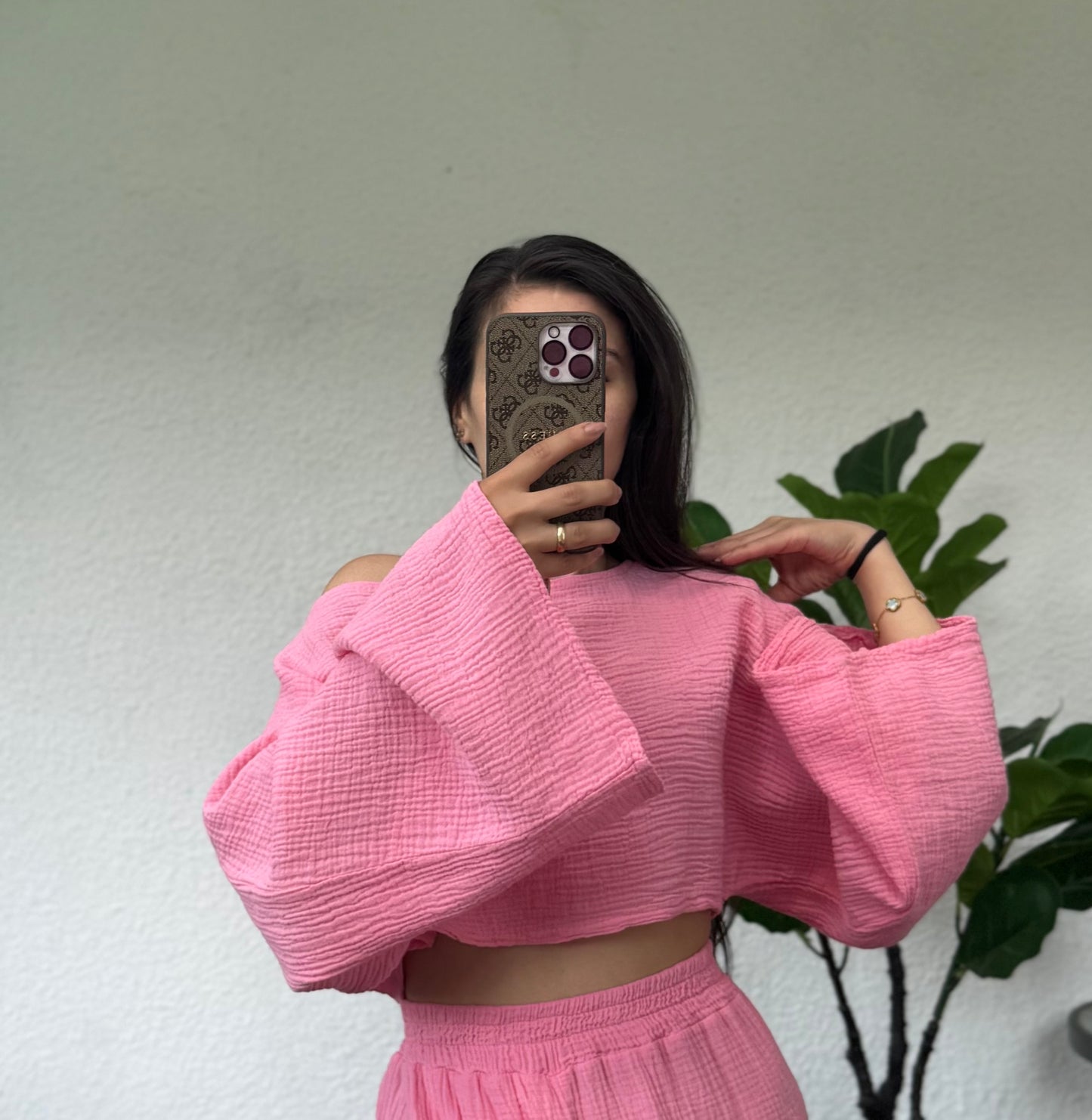 Musselin crop langarm süßes pink