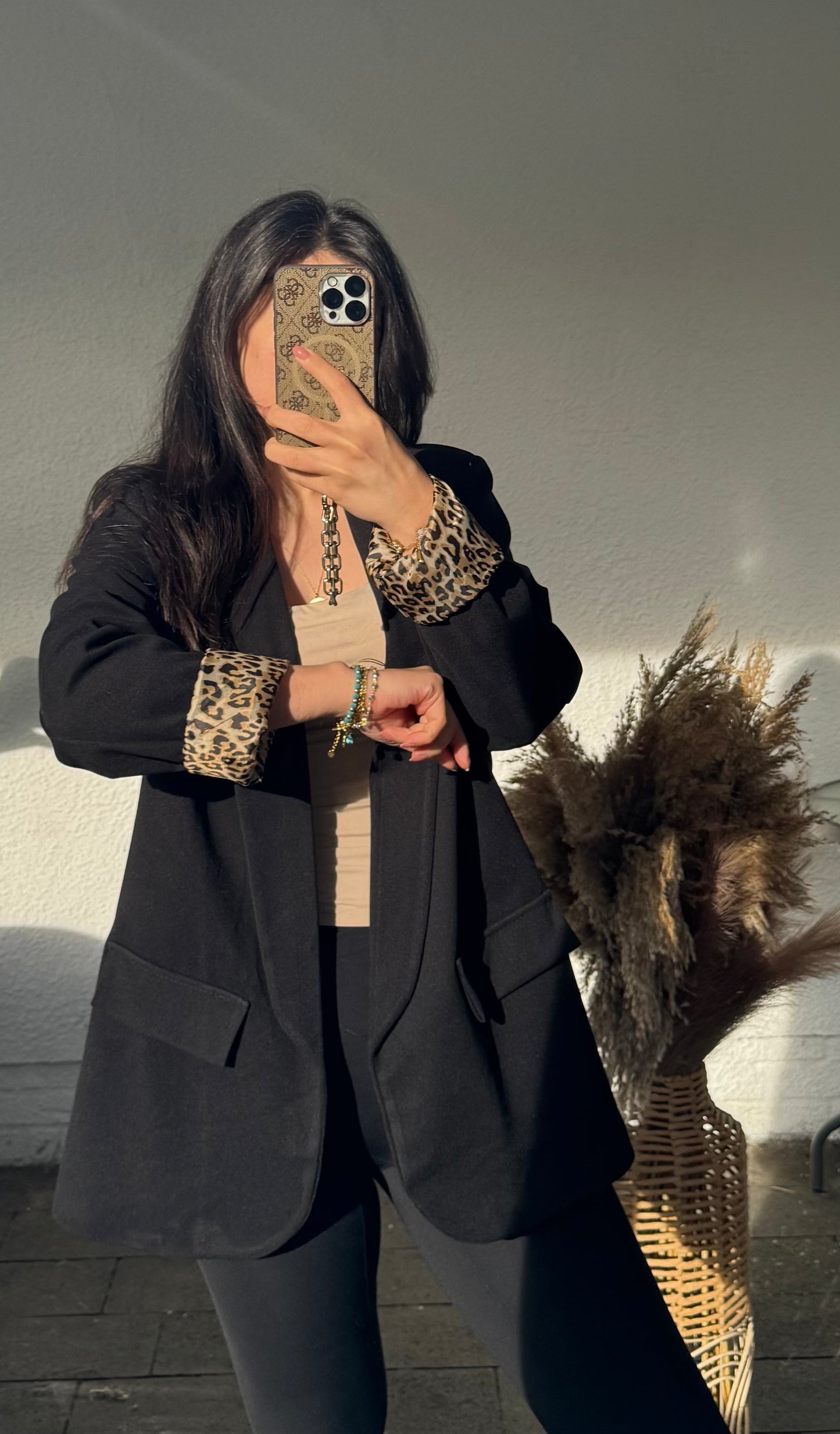 Wildleder Optik Blazer mit Leoärmel schwarz