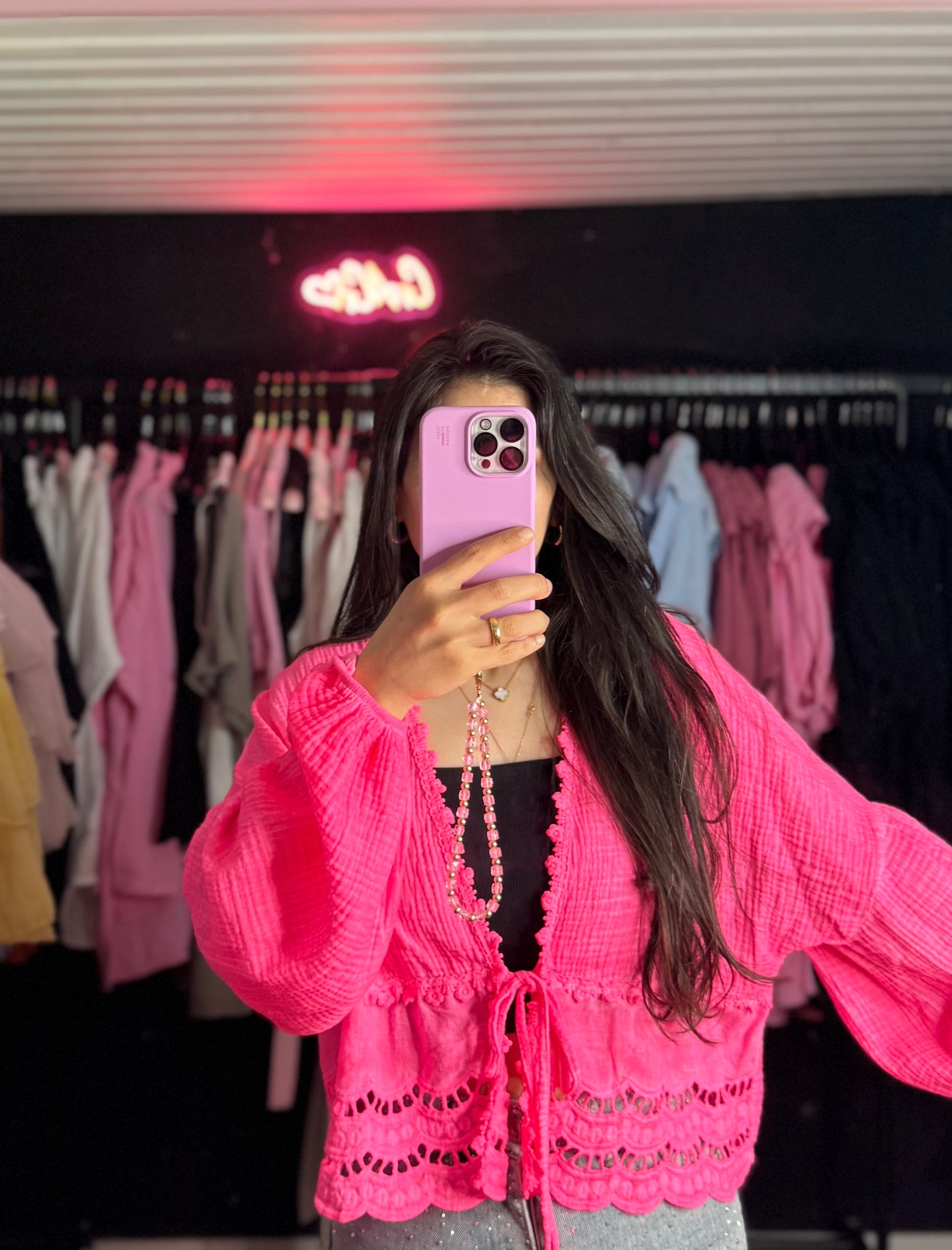 Häkel Musselinbluse hotpink