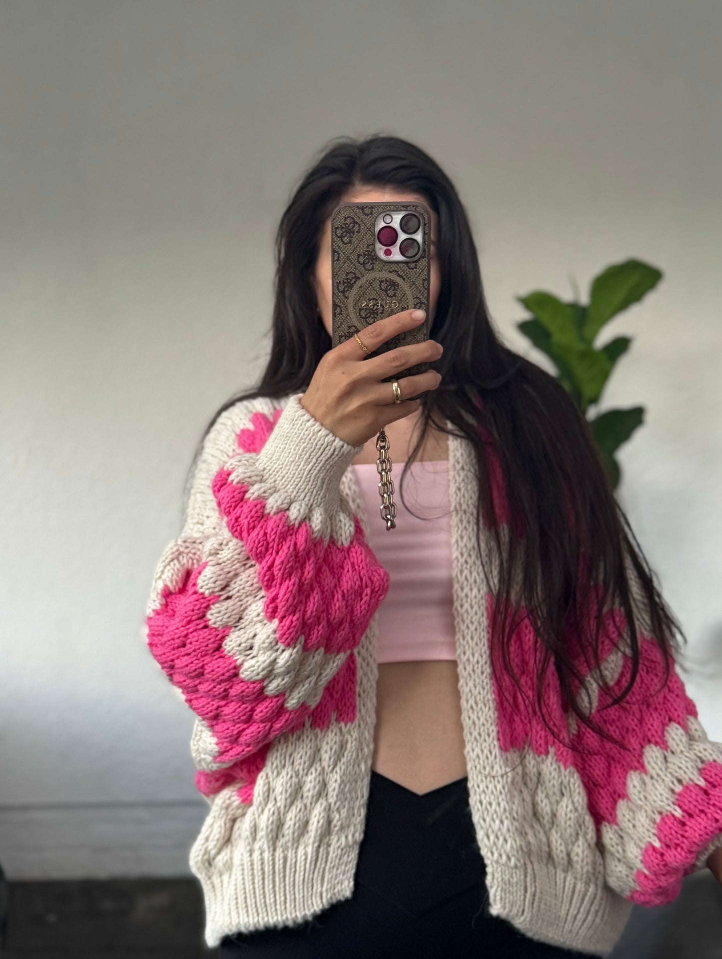 Offener gestreifter Cardigan pink