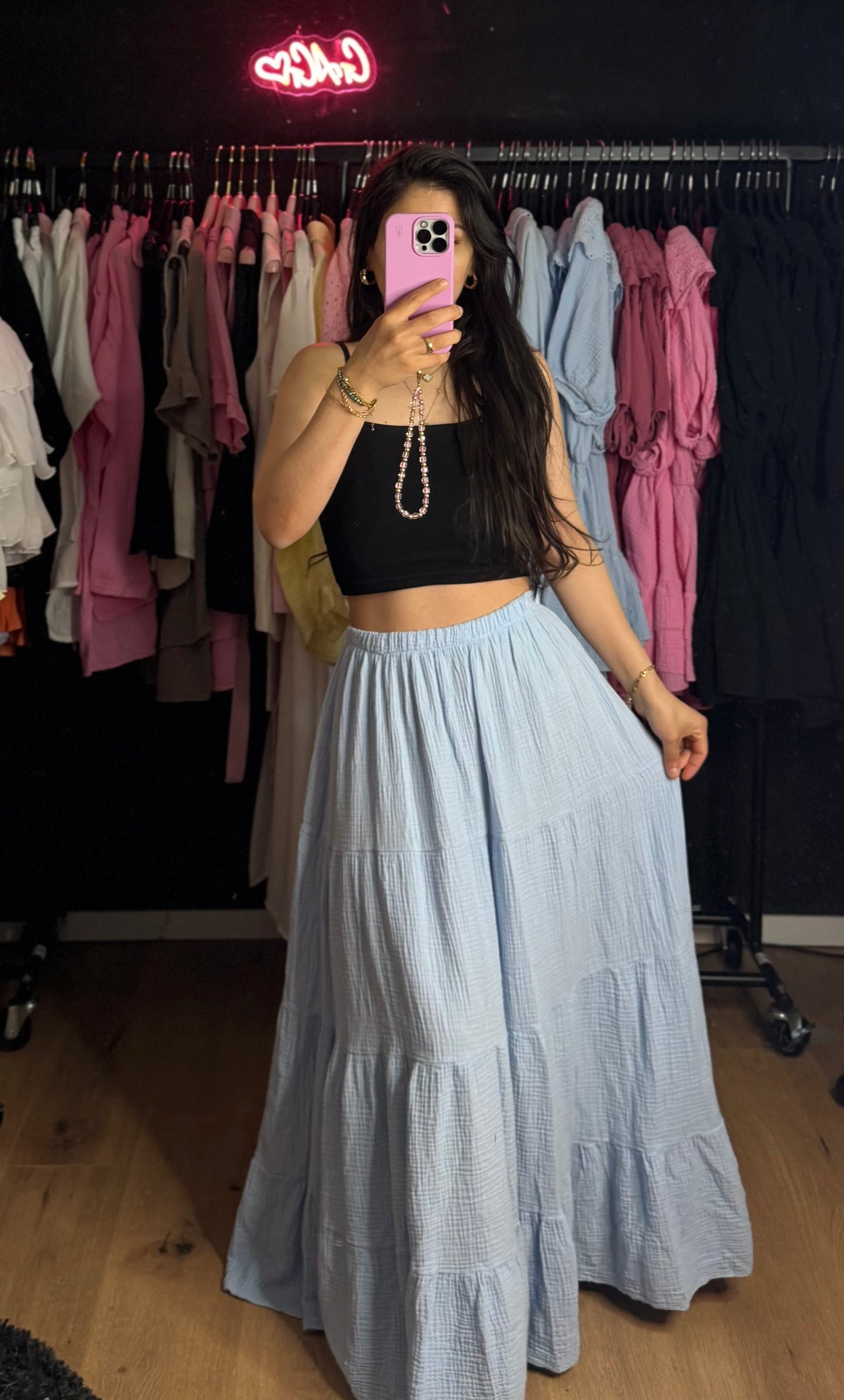 Langer Musselin Rock babyblau