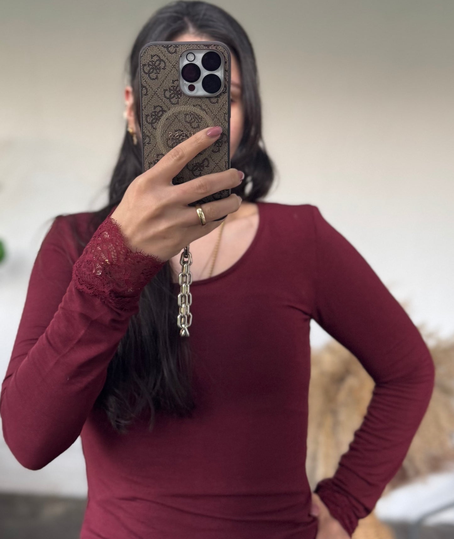 Viscose langarm mit spitzenärmel versch. Farben