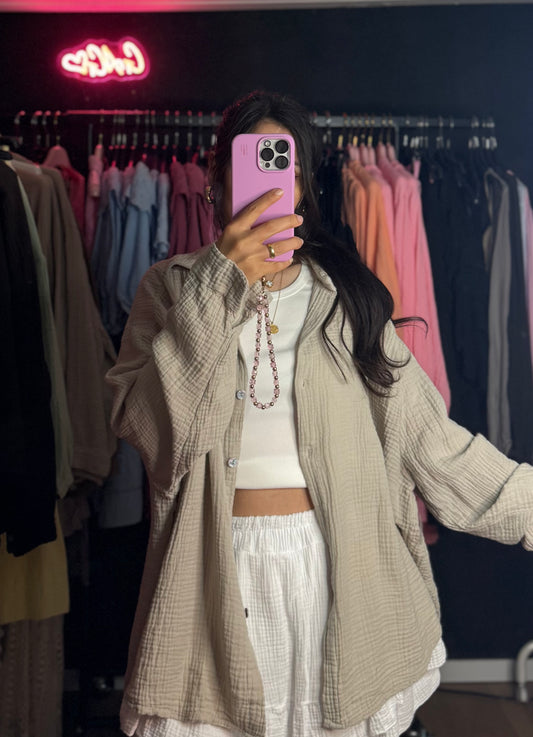 Oversized Musselin Bluse hell taupe