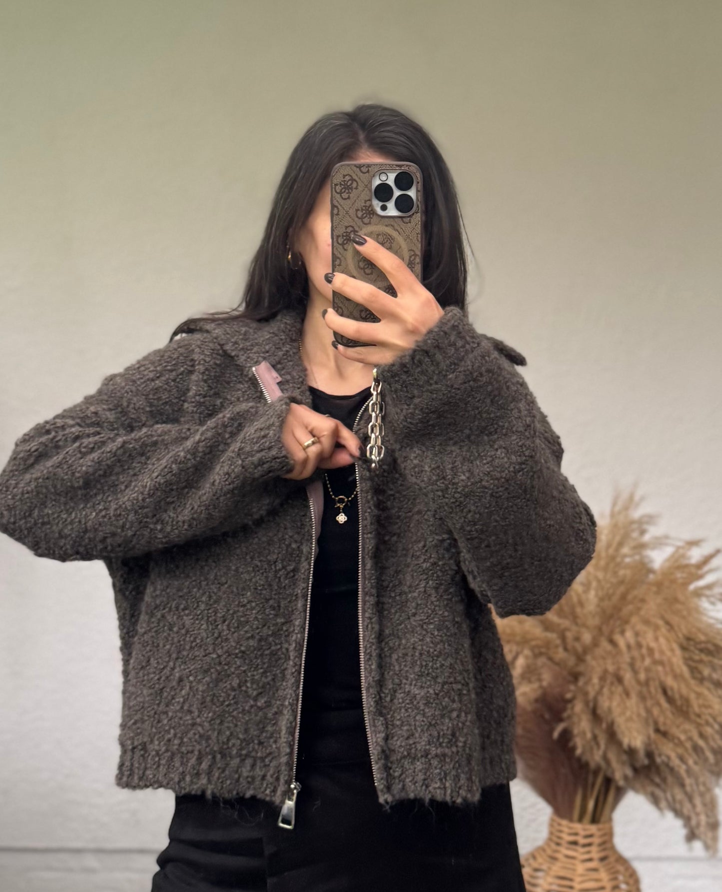 Boucle Strickjacke mit Kragen Teddy