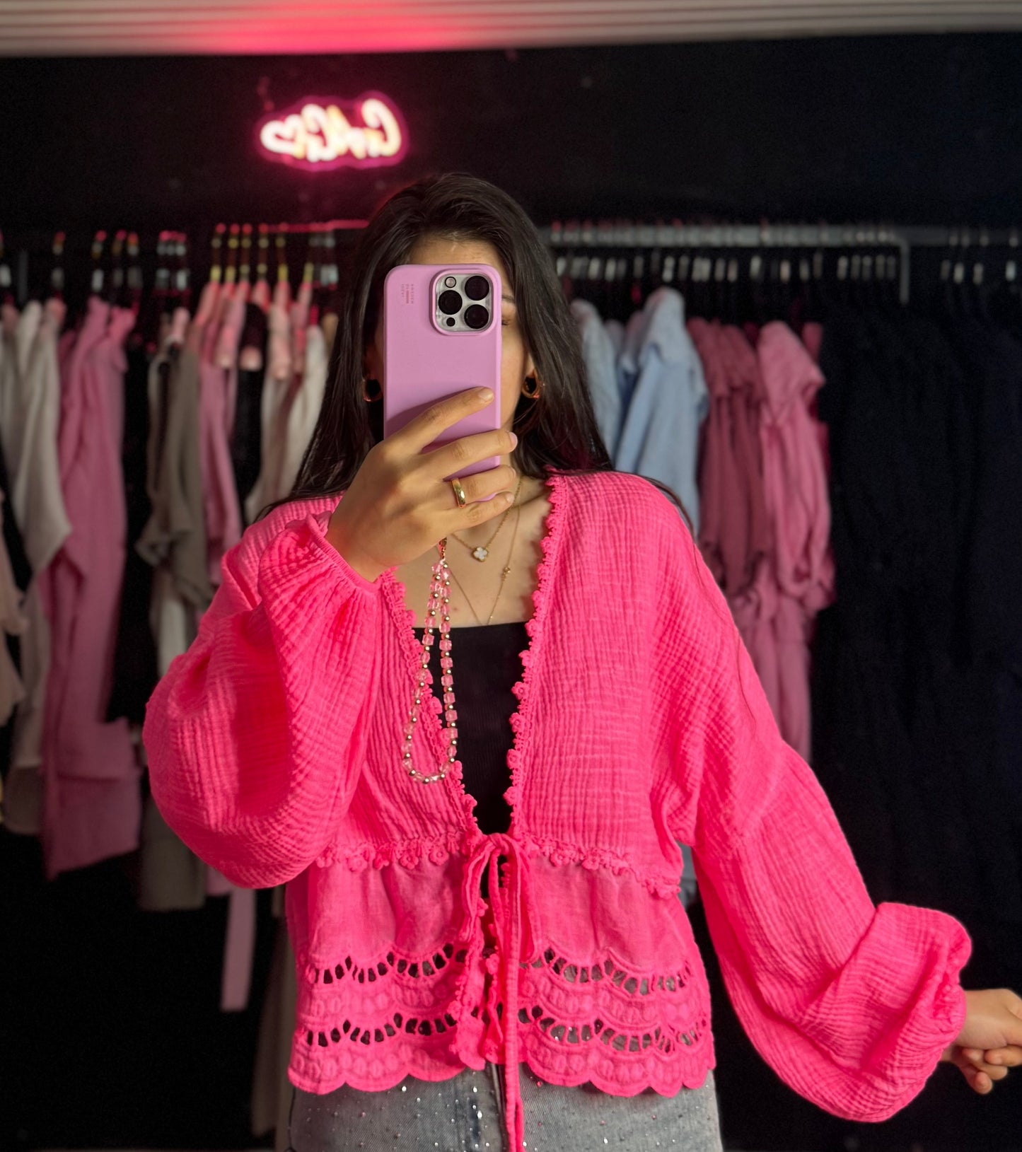 Häkel Musselinbluse hotpink