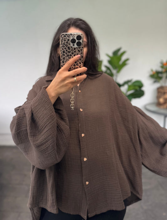 Musselin Bluse braun mit Herzen