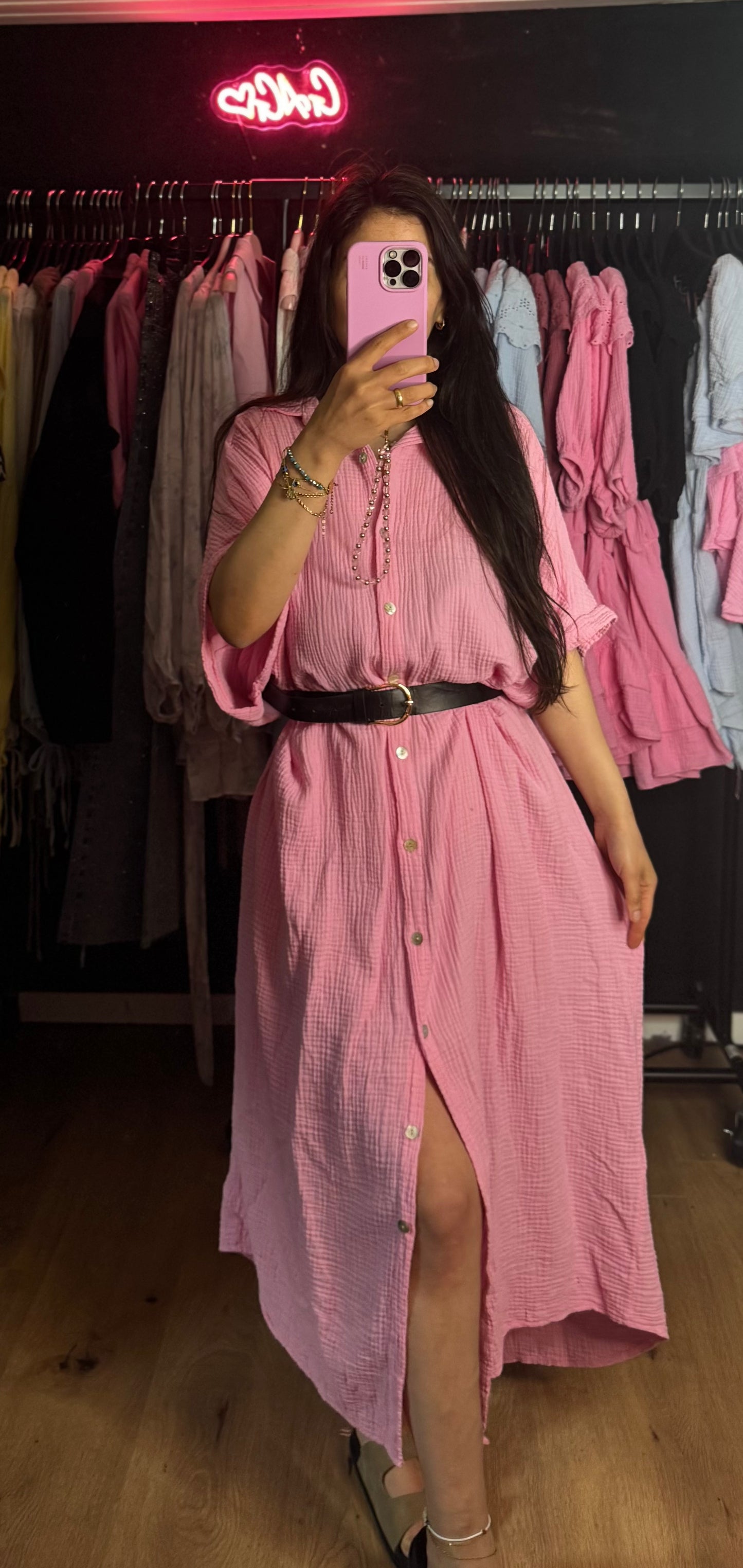 Musselin kurzarm Blusenkleid pink