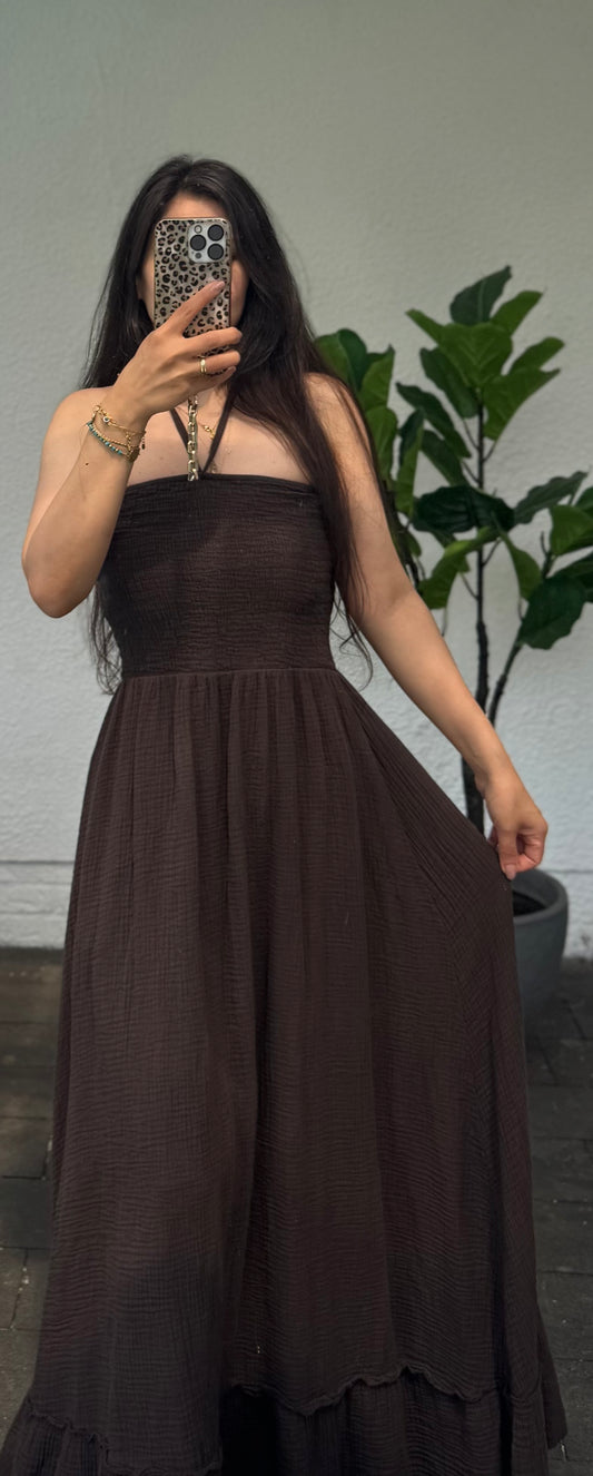 Bandeau Musselin Kleid braun