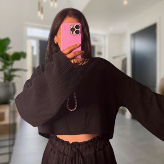 Musselin crop langarm Black