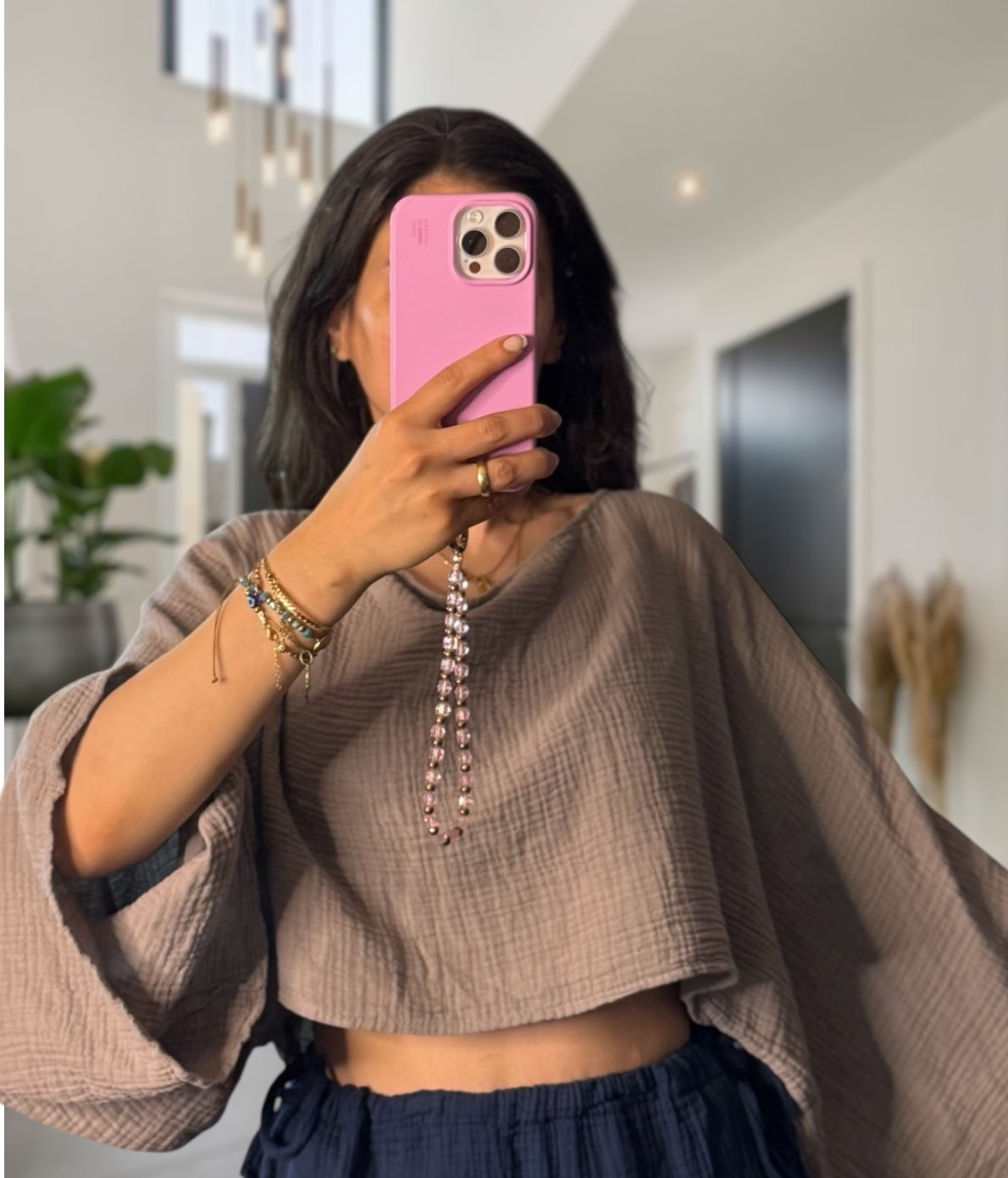 Musselin crop langarm taupe