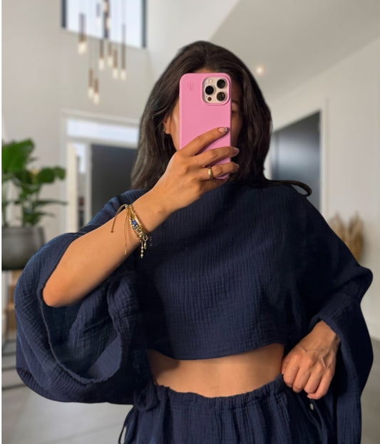 Musselin crop langarm dunkelblau
